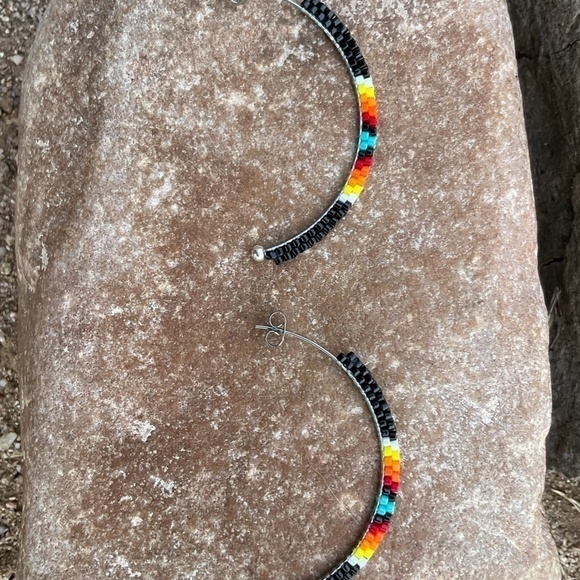 Black with Native Colors Bead Half Hoops, New, Handmade By Me - Picture 8 of 11